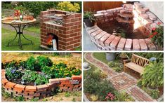 four different views of a brick fire pit in the garden, with flowers and plants around it