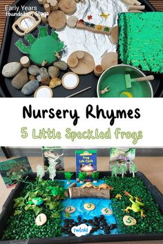 5 little speckled frogs tuff trays! A perfect way to bring your nursery rhyme to life. Enjoy these 5 little speckled frogs activities for eyfs by clicking on the pin. Special thanks to @our_life_our_play and Davey Wazoaski Nursery Rhyme Play, Nursery Rhyme Sensory Table, Stem Nursery Rhymes, House Corner Activities Early Years, Frog Tuff Tray, 5 Speckled Frogs Activities