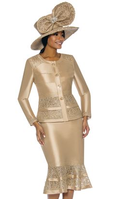 Terramina 7736-GO ( 2pc Silk Look Ladies Church Suit With Embroidery )-Hat Luxury Beige Church Hat, Church Suits And Hats Gold, Church Suits And Hats Casual, Pastor Wives Dresses, Fitted Long Sleeve Evening Set, Evening Long Sleeve Fitted Set, Evening Sets With Fitted Long Sleeve, Beige Embellished Party Sets, Elegant Embroidered Sets