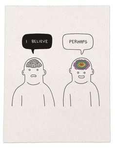 two men with speech bubbles above their heads, one has a thought bubble and the other says i believe perhapss