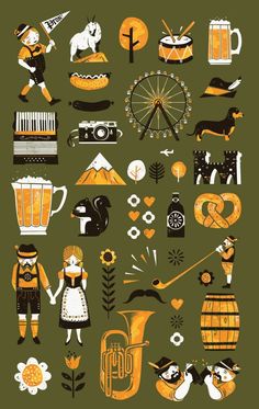 an illustrated poster with different types of things on it, including beer and music instruments