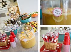 various pictures of food and drinks on a table