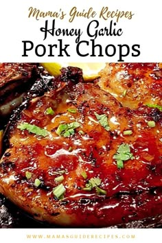 pork chops on a plate with sauce and parsley garnish in the background