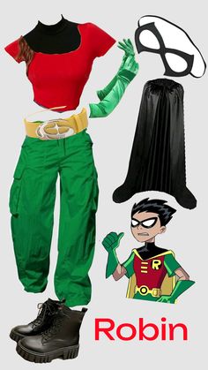 an image of robin robin costume and accessories on display with the words robin robin written below it