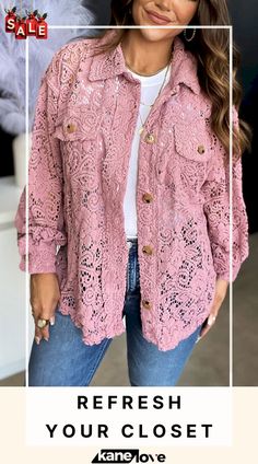 Sweet Love Oversized Lace Shacket Feminine Spring Outerwear With Buttons, Feminine Button-up Fall Outerwear, Feminine Button-up Outerwear For Fall, Feminine Fall Outerwear With Button Closure, Feminine Outerwear With Button Closure For Fall, Feminine Fall Outerwear For Day Out, Feminine Outerwear For Fall Day Out, Feminine Outerwear For Day Out In Fall, Feminine Pink Outerwear For Brunch