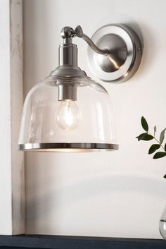 a light that is on the wall next to a potted plant and vase with flowers