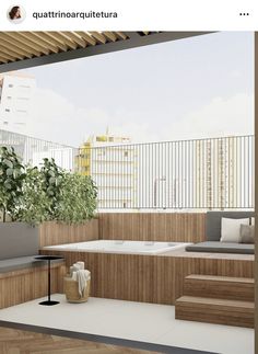 an outdoor jacuzzi tub on the roof of a building with plants in it