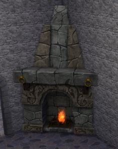 a stone fireplace with a fire burning in it