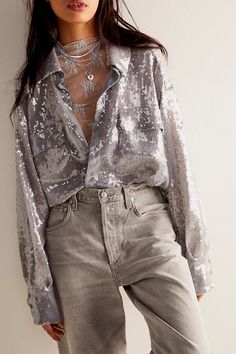 Disco Margarita Button Down | Free People Elegant Oversized Blouse For Party, Chic Party Top With Collared Neckline, Trendy Collared Tops For Party, Oversized Party Blouse For Fall, Oversized Fall Party Blouse, Shimmer Long Sleeve Blouse For Fall, Long Sleeve Shimmer Blouse For Fall, Chic Shimmer Tops For Fall, Chic Shimmer Top For Fall