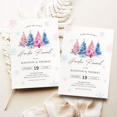 two watercolor trees are on the front and back of this winter wedding program card