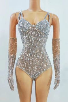 Sexy Stage Shining Full Silver Stones Gloves Bodysuit Rhinestones Pants Birthday Celebrate Leotard Rhinestone Leotard, Leotard Outfit, Mesh Leotard, Dresses Nightclub, Nightclub Bar, Leather Pants Women, Performance Dresses, Dance Team, Dance Leotards