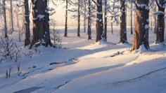 a painting of snow covered trees in the woods