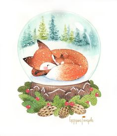 a watercolor painting of a fox sleeping in a snow globe with pine cones and evergreens