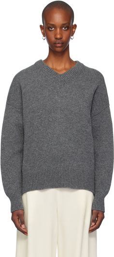 Oversized 5-gauge knit RWS-certified wool sweater. · Rib-knit V-neck, hem, and cuffs · Dropped shoulders Supplier color: Derby grey Sweater Oversize, Wool Sweater, Knitwear Women, V Neck Sweater, Wool Sweaters, Vneck Sweater, Neck Sweater, The Uk, Derby