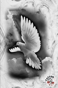 a black and white photo of a dove flying through the sky with clouds in the background