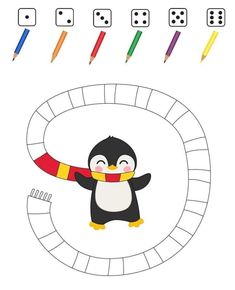 a penguin is playing with some colored pencils