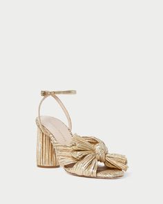 Camellia Gold Pleated Bow Heel White Heels With Gold Accents, Loveshackfancy Heels, Gold Bow Heels, Bridal Wardrobe, Gold Lame, Bridal Heels, Bow Heels, Style Watch, Beautiful Gift Wrapping