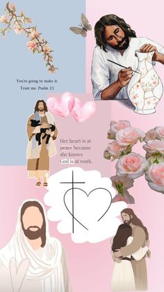 a collage of images with jesus and flowers