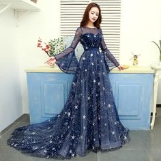 Prom Dress Navy Blue, Prom Dress Navy, Navy Blue Formal Dress, Star Sequins, Blue Formal Dress, Dresses Hoco, Navy Blue Prom Dresses, A Line Prom Dress, Blue Dress Formal