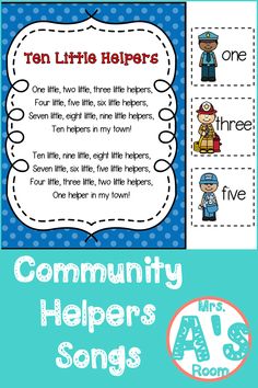 a blue and white poster with the words community helpers