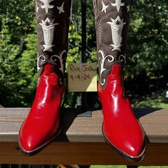 Beautiful Pair Of Custom Stallion Red Cowgirl Boots In A Pointed Toe With Extrinsic Inlay & Overlay Design. These Boots Are Still In New Condition With Very Light Sole Scuffing From What Appears To Have Happened During In Store Try-Ons. Does Not Come With Original Box. There Are Some Light Markings On The Red Vamp And Heel Counter, But Very Hard To Notice With The Naked Eye. This Pair Is As High-End Of Built Boot So If You Have Never Owned A Pair Of Stallions, Here's Your Chance. The Boots Are Marked 7.5c, But They Are More Of A 'B' Width. Please Review All Photos And Ask Any Questions As Seller Does Not Accept Returns. Classic Red Snip Toe Boots, Red Western Boots For Formal Occasions, Red Snip Toe Boots With Red Sole, Red Snip Toe Boots, Red Goodyear Welted Boots For Formal Occasions, Classic Red Goodyear Welted Boots, Fitted Boots With Red Sole And Almond Toe, Red Fitted Calf Leather Boots, Fitted Red Calf Leather Boots