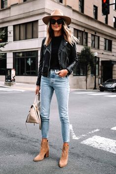 Jeans And Black Leather Jacket Outfit, Fall Bootie Outfits Women, Faux Leather Jacket Outfit Fall, Jean Jacket Looks For Women, Fall Leather Outfits, Cognac Cowboy Boots Outfit, Black Western Booties Outfit, Black Leather Button Up Shirt Outfit, 40th Bday Outfits For Women