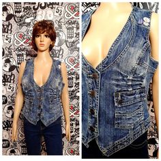 "womens denim Vest Vintage BLUE denim Top BLUE jeans Top jeans Vest cotton Top womens Vest waistcoats Retro Vest jeans Vest cotton Vest L 99%- Cotton; 1%-elastane height of the woman in the photo - 180 cm Please refer to photos for details of condition. Condition: good vintage Measurements: Length: 54cm/21.2\" Bust: 104cm/ 40.9\" Waist: 90cm/35.4\" Tag Size: EUR-42; UK-16 note The color on the pictures may vary due to monitor settings and light reflections. Ready to ship Please do not hesitate t Fitted Light Wash Denim Vest, Trendy Medium Wash Denim Vest, Fitted Denim Vest With Washed Detail, Fitted Washed Denim Vest, Distressed Dark Wash Denim Vest, Medium Wash Denim Vest Top, Light Wash Denim Vest Top, Fitted Blue Denim Vest, Distressed Denim Blue Cotton Vest