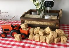 a table topped with lots of food next to a wooden crate