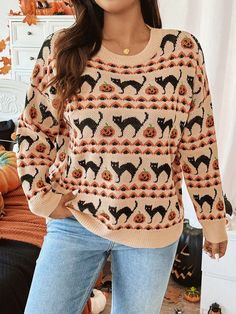 Plus Size Crew Neck Long Sleeve Pumpkin And Cat Pattern Knitted Pullover, Casual Daily Wear Multicolor Casual  Long Sleeve Knitwear Animal,Geometric Pullovers Medium Stretch  Women Plus Clothing, size features are:Bust: ,Length: ,Sleeve Length: Animal Geometric, Casual Halloween, Raglan Sleeve Sweater, Plus Size Pullover, Halloween Long Sleeve, Women Crew Socks, Long Sleeve Knit Sweaters, Plus Size Sweaters, Round Neck Sweaters