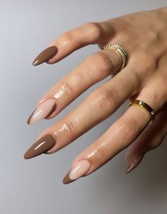 #fallnails #nailaesthetic #backtoschoolnails #almondnails #brownails #gelnails #goldjewelry Fall Nail Colors Long Nails, Almond Coffin Shaped Nails, Acrylic Nails Almond Shape Design, Classy Almond Shaped Acrylic Nails, Nuteral Nails Fall, Sultry Nail Designs, Almond Acrylic Nails Neutral, Tan French Tip Nails Almond, Neutral Simple Nails