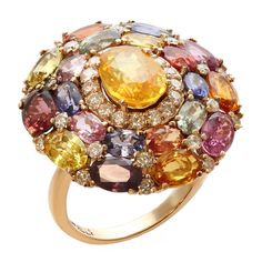 Multicolor Natural Sapphire Diamond Gold Ring | From a unique collection of vintage more rings at https://www.1stdibs.com/jewelry/rings/more-rings/ Luxury Multicolor Round Gemstones, Luxury Multicolor Jewelry With Halo Setting, Luxury Multi-stone Oval Sapphire Ring, Luxury Multicolor Sapphire Ring, Multicolor Oval Sapphire Ring For Formal Occasions, Oval Multicolor Sapphire Ring For Formal Occasions, Luxury Multicolor Multi-stone Sapphire Ring, Multicolor Oval Sapphire Ring, Multicolor Oval Sapphire Ring With Diamonds