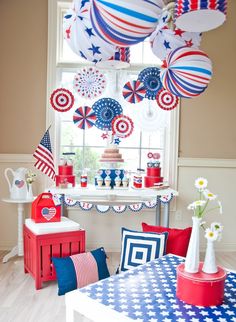 an american themed party with red, white and blue decorations