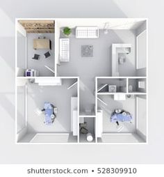 an overhead view of a two bedroom, one bath apartment with living room and dining area