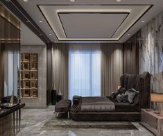 a modern bedroom with marble floors and walls