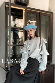 Lasaky - Premium Long-Sleeved Shirt with a Comfortable Relaxed Fit Casual Ruffled Sweatshirt For Fall, Casual Long Sleeve Ruffled Sweatshirt, Casual Long Sleeve Ruffle Sweatshirt, Trendy Winter Blouse With Ruffles, Trendy Ruffled Winter Blouse, Gray Ruffled Tops For Fall, Sleeve Stencil, Types Of Collars, Grey And White