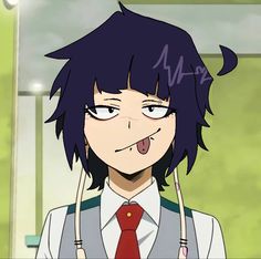 an anime character with black hair wearing a red tie and suspenders, looking at the camera