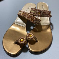 Never Worn! Paid $45. So Beautiful! Bronze, Yellow And Brown Detail. Kitten Heels! Gold Beaded Sandals For Vacation, Yellow Embellished Heels For Summer, Summer Yellow Embellished Heels, Embellished Yellow Heels For Summer, Spring Yellow Embellished Heels, Beaded Sandals, Yellow And Brown, So Beautiful, Women's Shoes Sandals