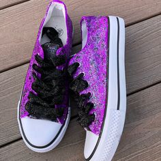 These Are Custom Died And Painted Sneakers These Are Not Converse Brand However They Do Run Like Converse Grand So Do Not Size Up They Generally Run About A Half A Size Bigger Low-top Party Sneakers With Laces, Purple Round Toe Party Sneakers, Purple Glitter Low-top Sneakers, Converse Boots, Ugg Sneakers, Black And White Converse, Halloween Color, Painted Sneakers, Navy Sneakers