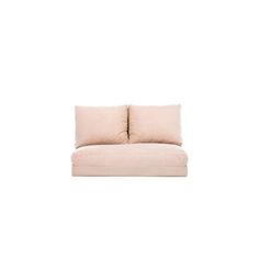 a beige couch with two pillows on the back and one arm folded up to show it's side