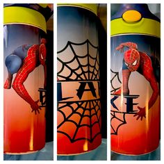 three different views of the same spider - man canister