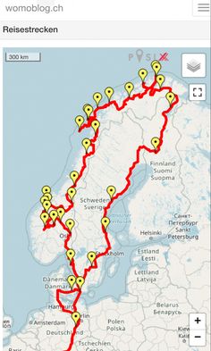 a map showing the route for an upcoming bike ride in norway, which is marked with red and yellow markers