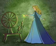 a drawing of a woman in blue dress standing next to a spinning wheel with a green light on it