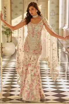 Ivory Net Floral Sequins Embroidered Sharara Set by Seema Gujral at Pernia's Pop Up Shop 2024 Embroidered Sharara, Pop Up Shop, Indian Outfits, Pop Up, Floral