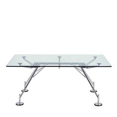 a glass table with metal legs on a white background