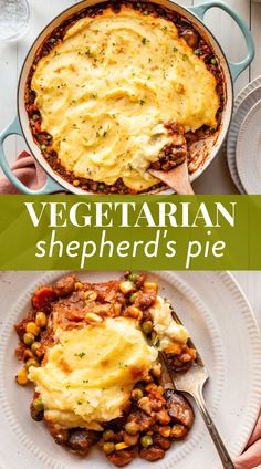 vegetarian shepherd's pie on a white plate with a wooden spoon