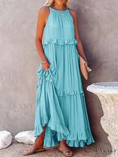 Lasaky - Resort Style Long Dress with Lotus Leaf Border and Flowy Hem, Perfect for Beach Vacations Blue Beach Dress, Plus Size Boho Dress, Vacation Maxi Dress, Plus Size Boho, Dress With Sleeves, Dress Cake, Beach Maxi Dress, Blue Beach, Maxi Robes