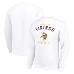 Don't settle for check downs and go deep by adding this Team Logo Pullover Sweatshirt to your Minnesota Vikings collection. The striking graphics and high-quality material will quickly make this top a wardrobe favorite. This piece was designed by Starter to keep you cozy in moderate temperatures so chilly weather doesn't catch you with a blindside hit. Whether headed to the tailgate or out and about, you'll always look your best rocking this Minnesota Vikings team swag. Long Sleeve Logo Print Tops For Fan Gear, Long Sleeve Tops With Logo Print For Sports Season, Fall Fan Gear Tops With Lettering, Long Sleeve Tops With Lettering For Sports Events, White Top With Lettering For Winter, Winter White Tops With Lettering, White Tops With Lettering For Winter, White Lettered Tops For Winter, White Fan Gear Top With Lettering