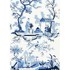 a blue and white wallpaper with birds, flowers, trees and houses on it