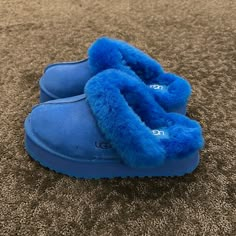 Cobalt Blue Color Super Cute Some Wear Shown, Only Worn A Couple Times See Pics No Tears Or Rips Size 6 Blue Comfy Slippers With Round Toe, Ugg Slippers Blue, Light Blue Ugg Boots, Blue Uggs, Blue Ugg Boots, Blue Slip-on Slippers With Round Toe, Cute Uggs, Cute Slides, Cute Sneakers