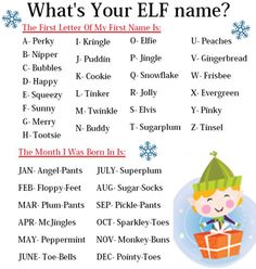 an elf's list with christmas lights around it and the words, what's your elf name?